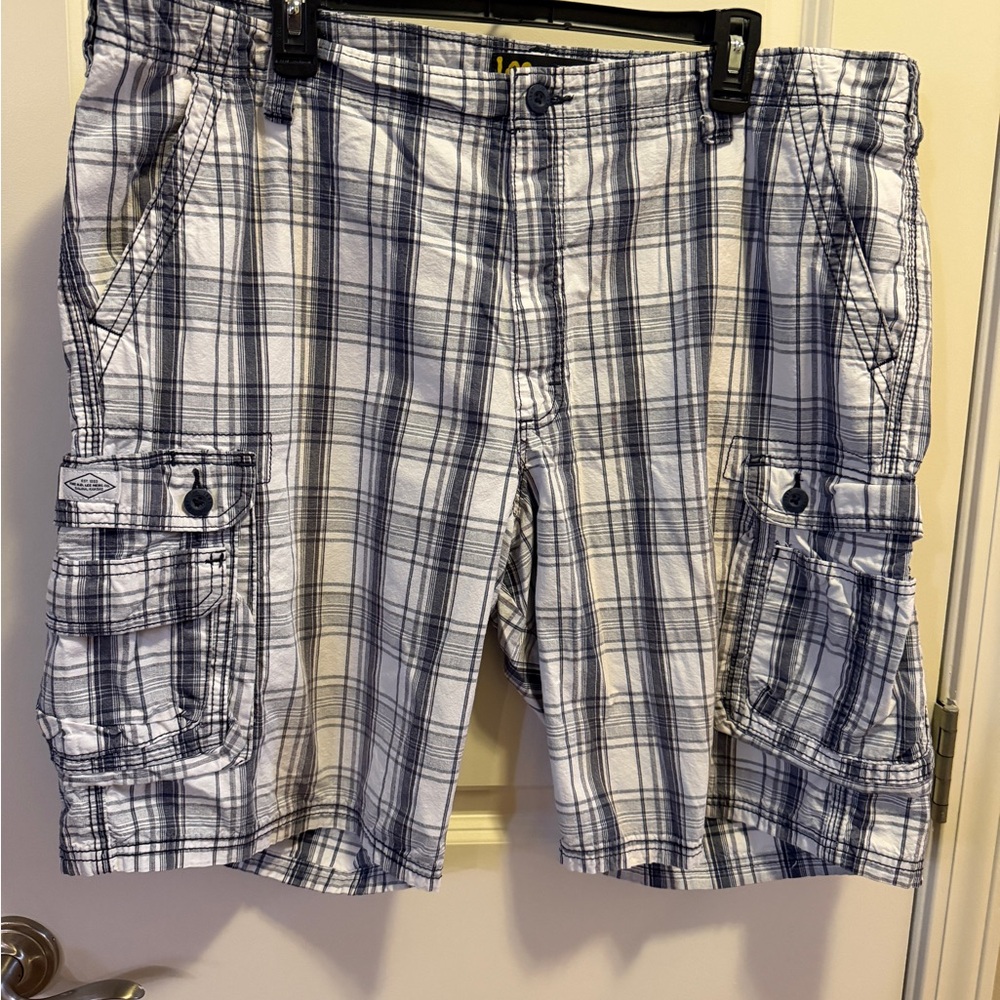 Lee Blue and White Plaid Cargo Shorts